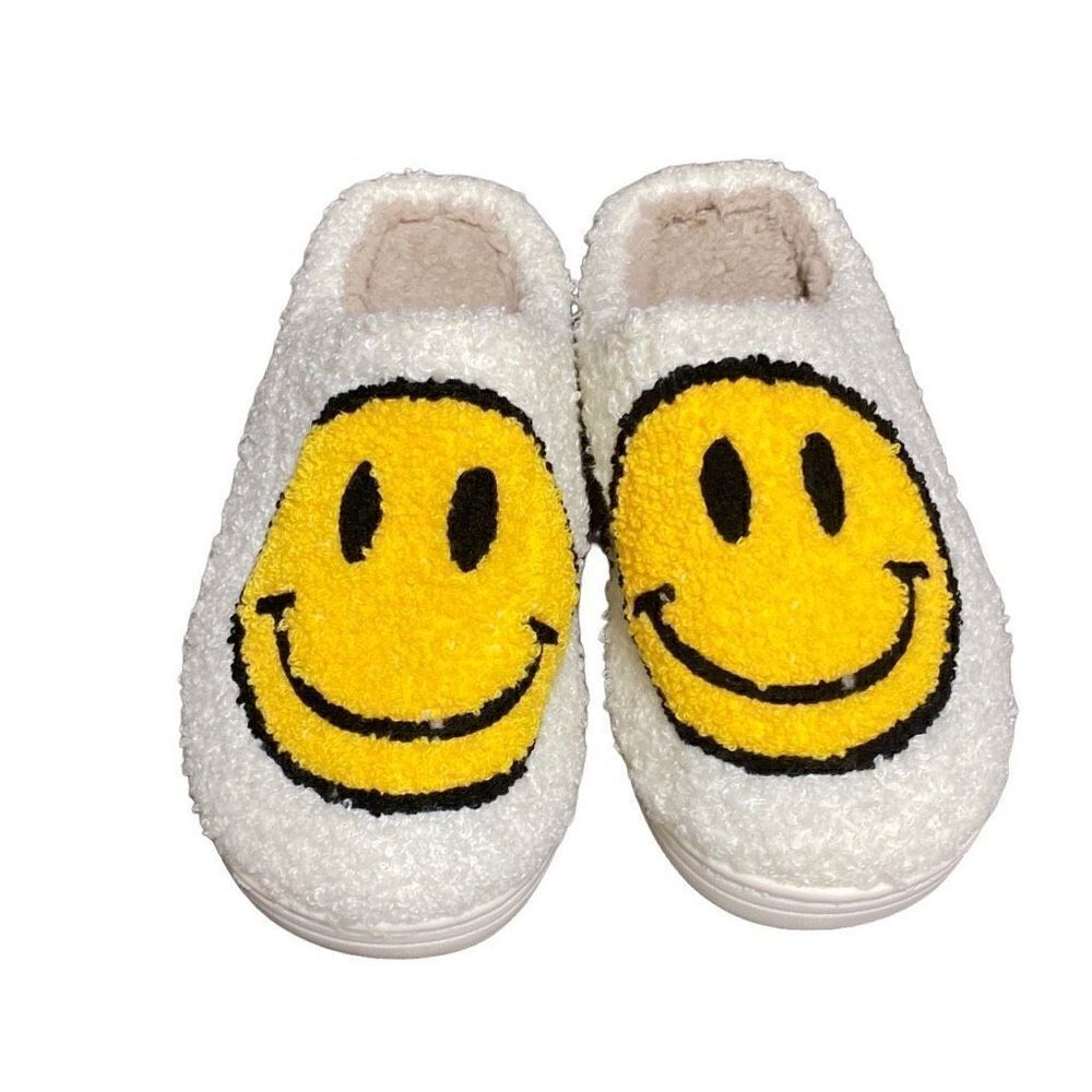 Smiling Face White & Yellow House Slippers Size 6